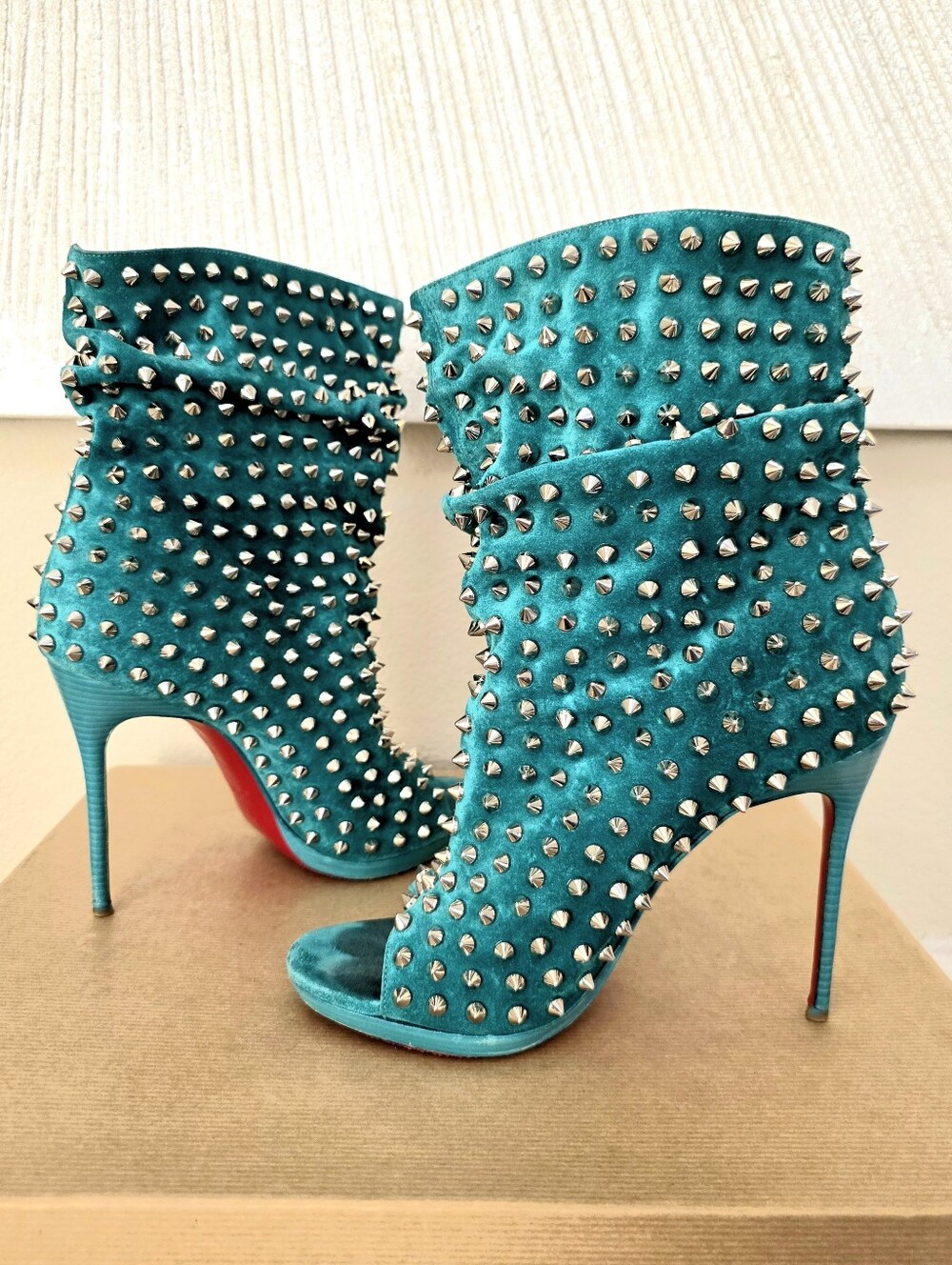 Christian Louboutin Aqua Suede Silver Spiked Open Toe Ankle Boots Size 38 US 7-9 - Picture 5 of 14